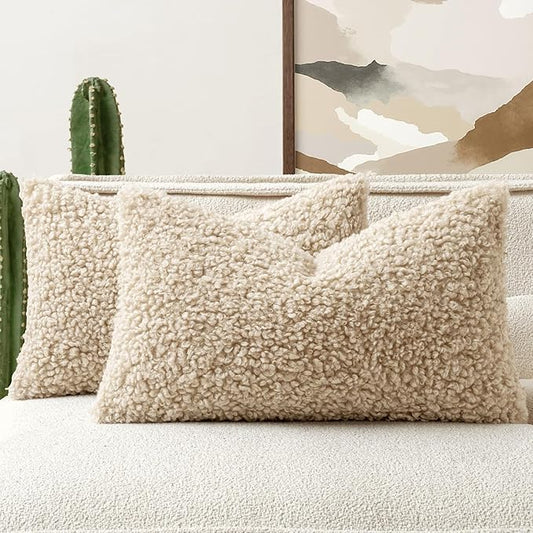 Faux Fur Throw Pillow Covers 20x12 Inch Set of 2 Boucle Neutral Decorative by Woaboy