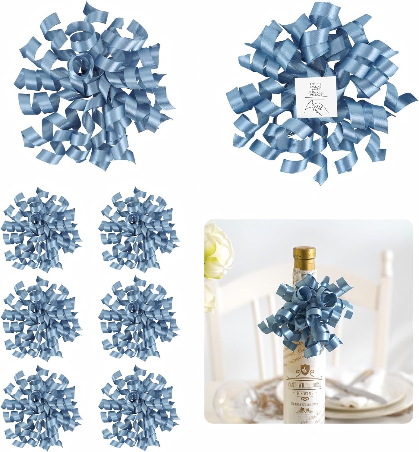 5'' Dusty Blue Bows Curly Ribbon Bows for Gift Wrapping, Satin Bows with Double-Sided Tape, Self Adhesive Bows for Party, Wedding, Birthday Decor, Premade Bows for Crafts, Wine Glasses-8 PCs