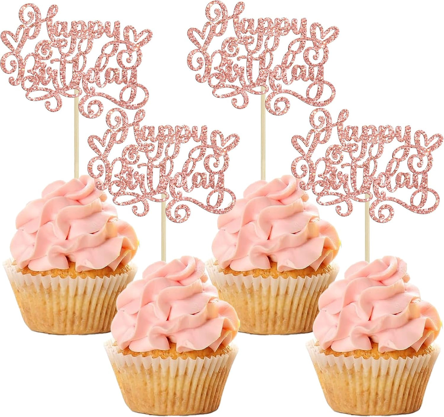 Gyufise 24Pcs Happy Birthday Cupcake Toppers Glitter Happy Birthday Cupcake Picks for Celebrating Happy Birthday Anniversary Theme Party Cake Decorations Supplies Rose Gold
