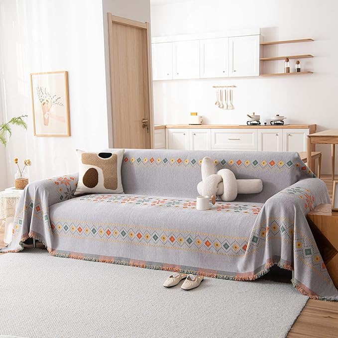 DREAMINGO Boho Couch Cover Grey Chenille Sofa Protecor by DREAMINGO