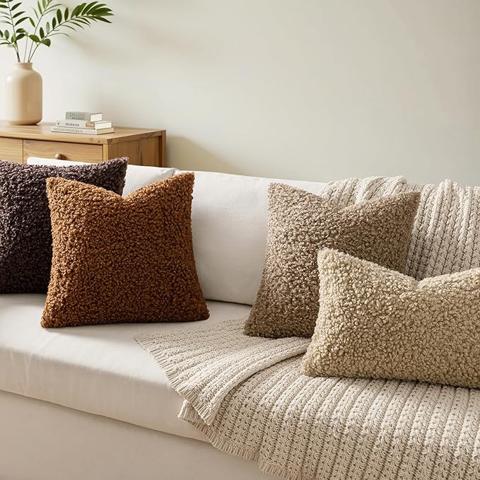 Faux Fur Throw Pillow Covers 20x12 Inch Set of 2 Boucle Neutral Decorative - Image 2