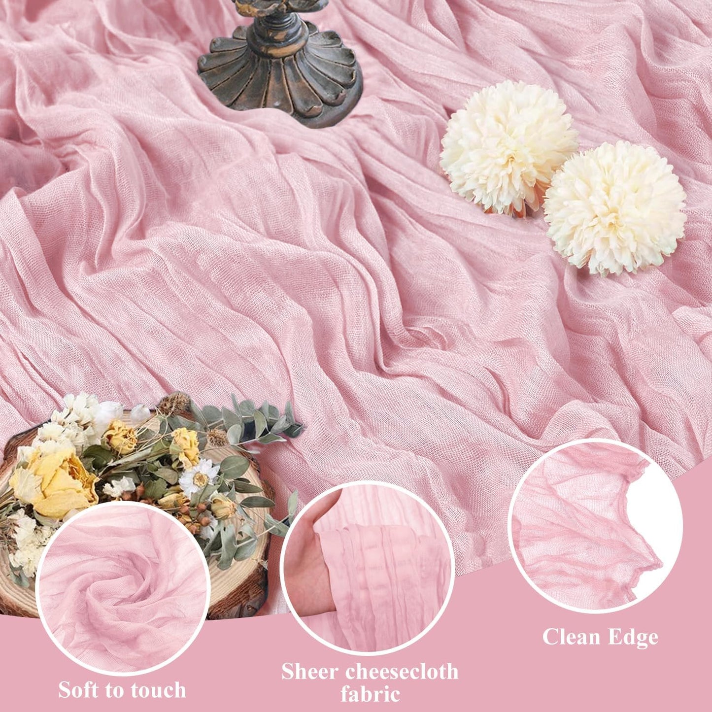 Asee'm 6pcs Cheesecloth Table Runner 120 Inches Blushing Pink Boho Gauze Cheese Cloth Runner 10FT Rustic Sheer Table Runners for Summer Wedding Baby Shower Holiday Party Decoration