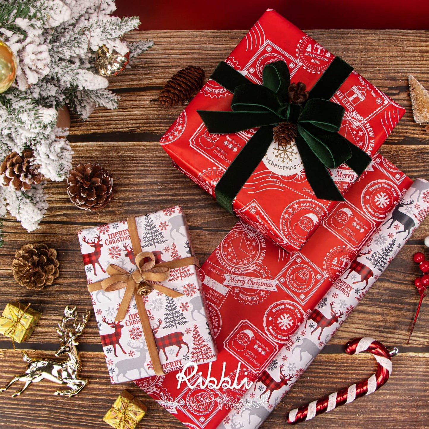 Ribbli Christmas Wrapping Paper Reversible Vintage Reindeer and Christmas Stamp Gift Wrapping Paper Rolls Holiday Presents Decoration-17 Inch x 33 Feet