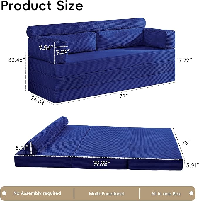 5-in-1 Convertible Sofa Bed, Corduroy Futon Couch Sleeper - Image 2