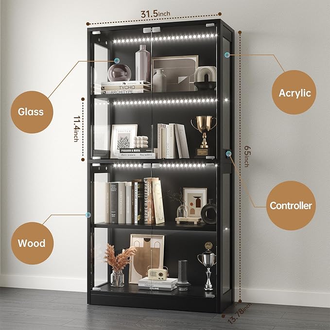 Airynee Display Cabinet with Glass Doors, 4-Tier Curio Cabinet with 7 Vibrant 3 - Image 2
