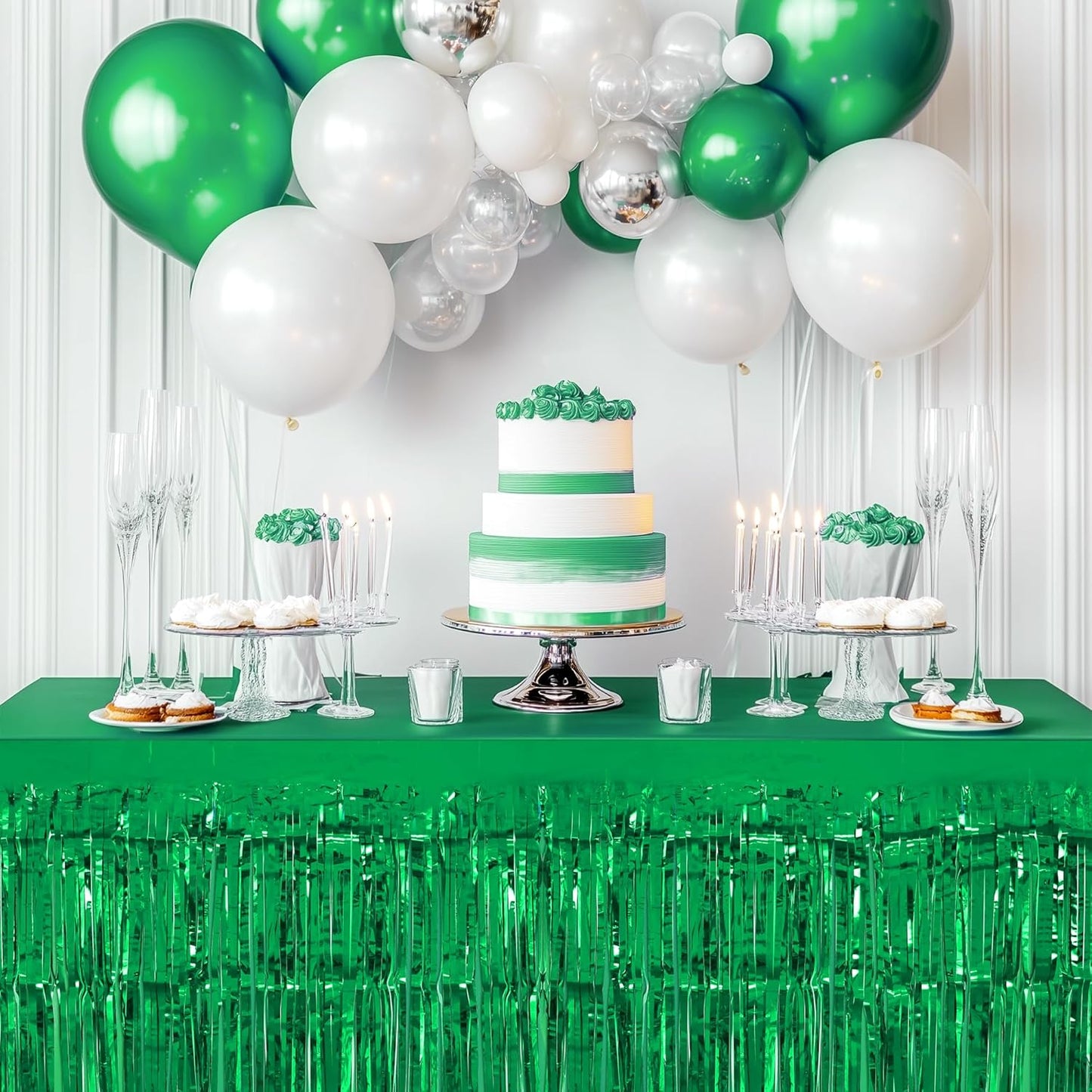 2 Pack Green Table Skirts, 29x108" Metallic Foil Tinsel Fringe Table Skirts for Rectangle Tables Streamer Curtains Backdrop, Party Decorations for Birthdays Weddings Holidays