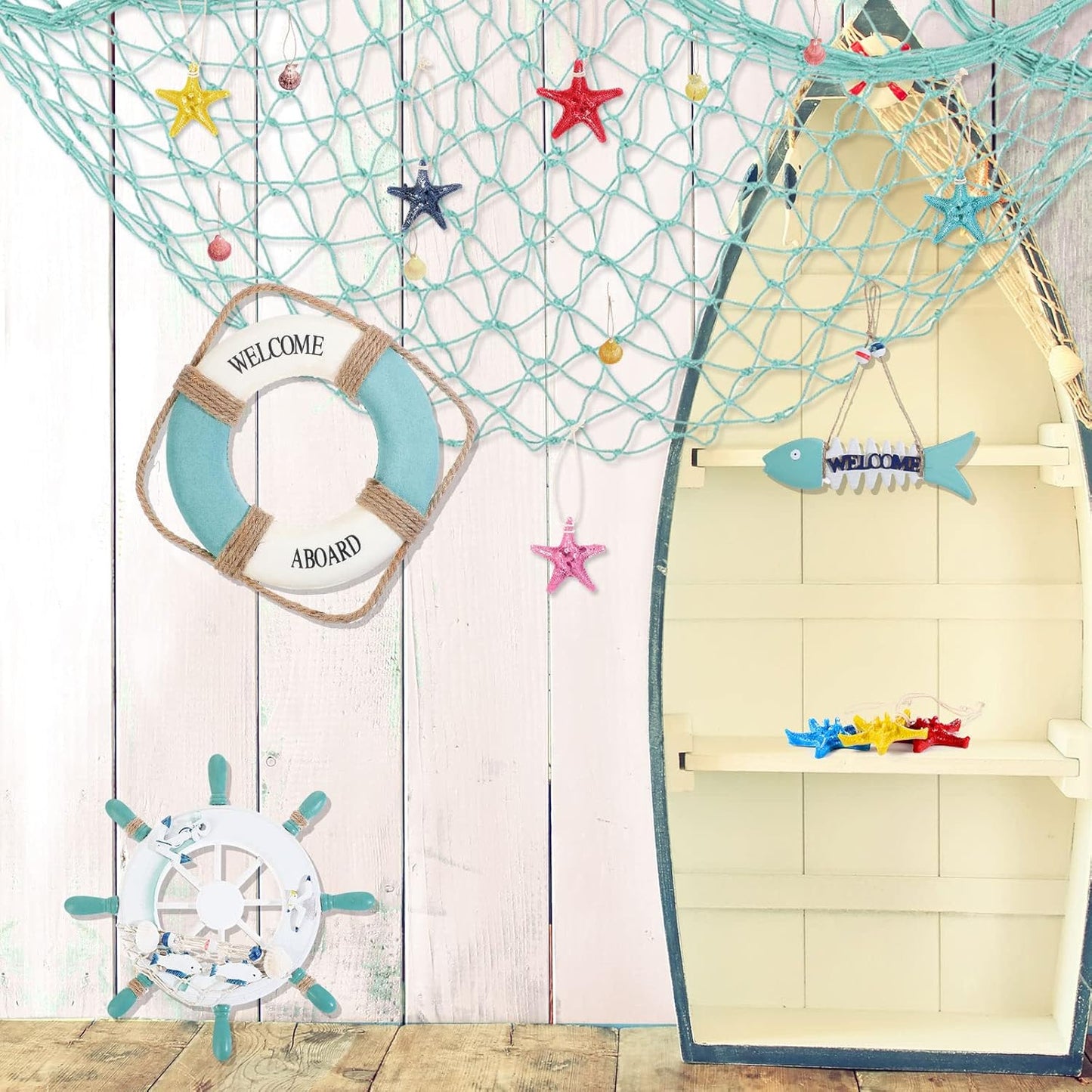 Marsui 11 Pcs Wooden Nautical Wall Decor Fishing Net Decorations, Include Decorative Fishing Net, Ship wheel, Fish Skeleton, Life Ring, Anchor, Starfish Beach Decor for Mediterranean Party (Teal)