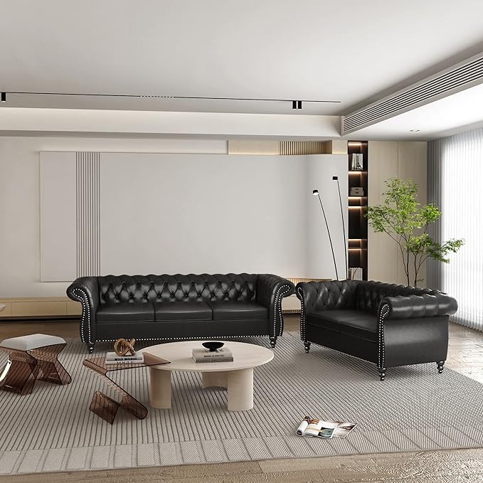 ORRD 2 Pieces Living Room Set, Chesterfield Leather Sofa Loveseat Couch - Image 3