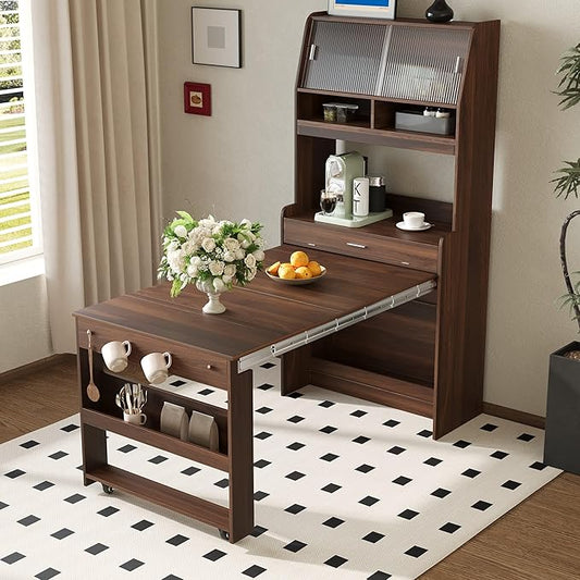 Kitchen Storage Cabinet with Hutch and Extendable Dining Table, 33.5" by Unknown