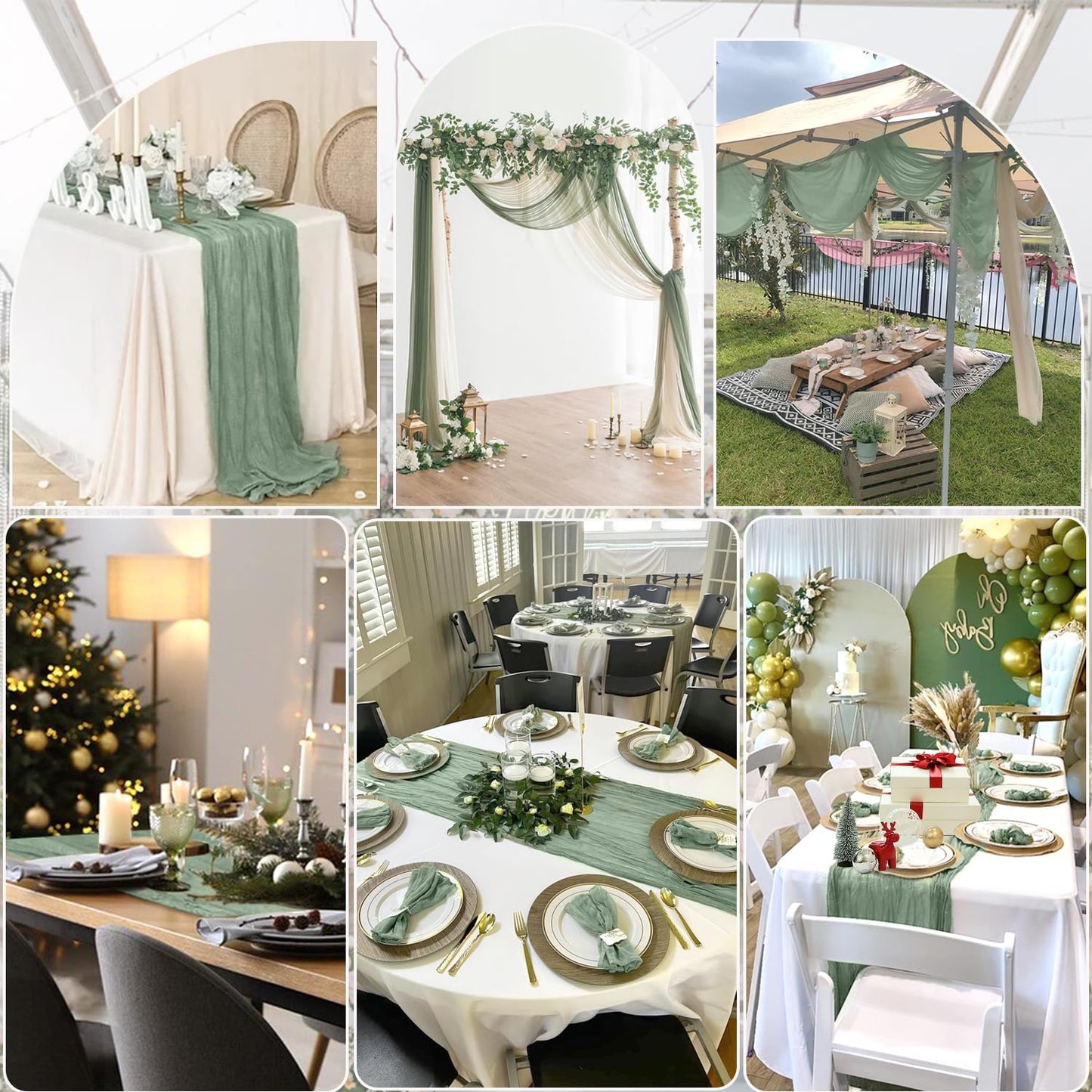 12 Pack Sage Green Table Runner Cheesecloth 35x120 Inch, 10Ft Boho Sheer Gauze Table Runner Cheese Cloth Runner for Wedding Baby Shower Fall Thanksgiving Home Decorations