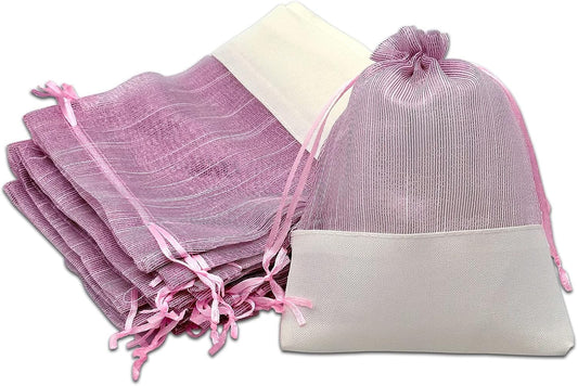 TheDisplayGuys For Your Modern Living 24-Pack Linen & Pink Organza Gift Bags with Drawstrings (Medium 5 x 7 1/4) - Party Favors, Samples, Treats Mesh Pouches