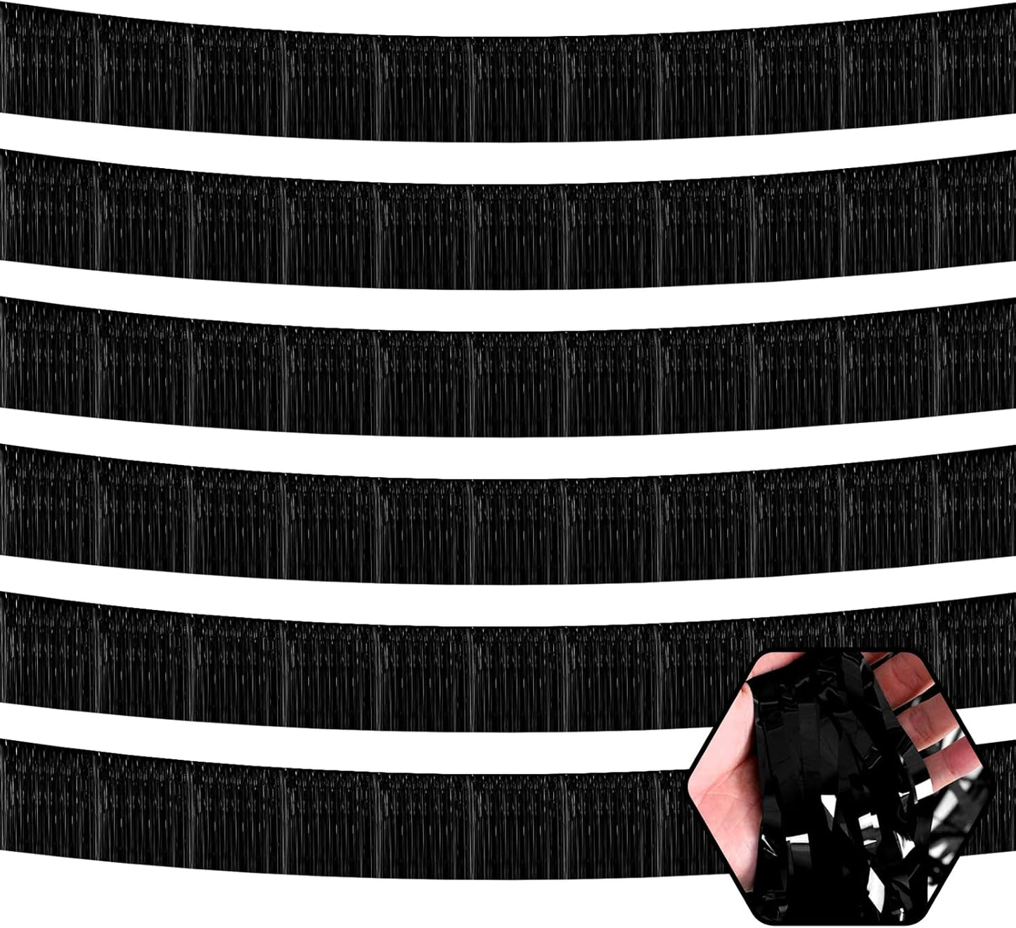 6 Pack 10 Feet Black Foil Fringe Garland Metallic Tinsel Streamers Banner Wall Hanging Curtain Backdrop for Parade Floats, Birthday, Graduate, Mother's Day, Wedding Party Decoration