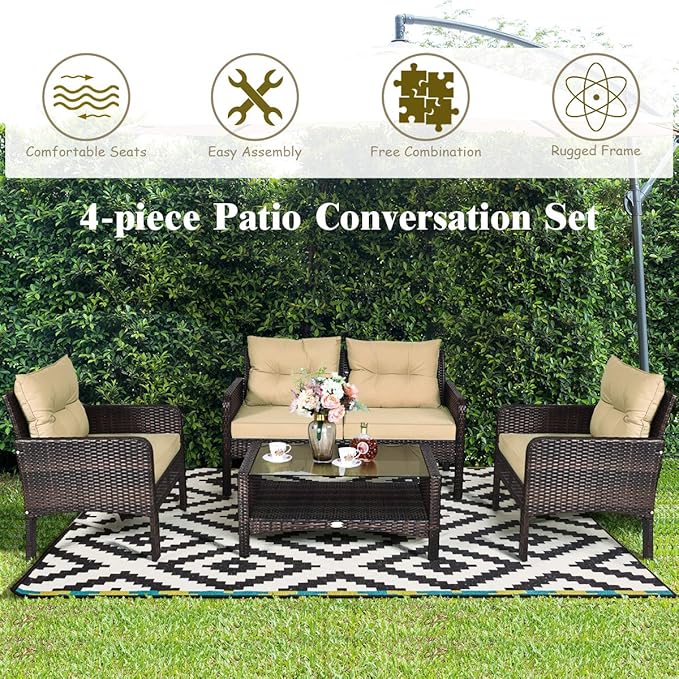 Tangkula 4 Piece Patio Furniture Set, Outdoor Wicker Conversation Set - Image 6