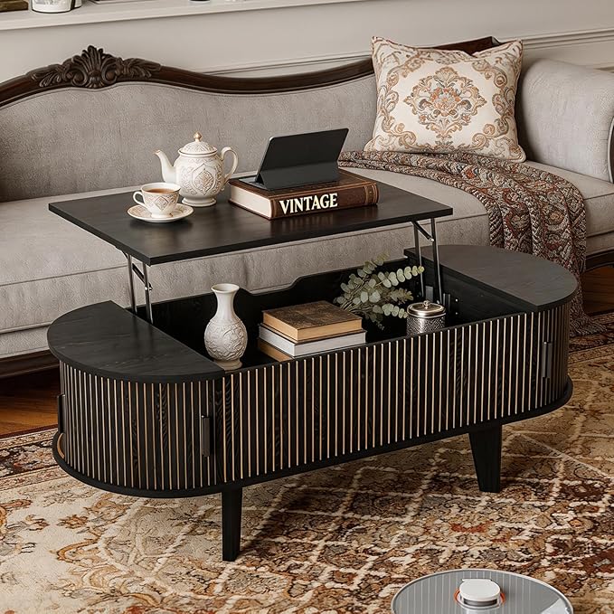 Oval Coffee Table with Storage, 47.2" Fluted Lift Top Coffee Table with 180° by Pruchant