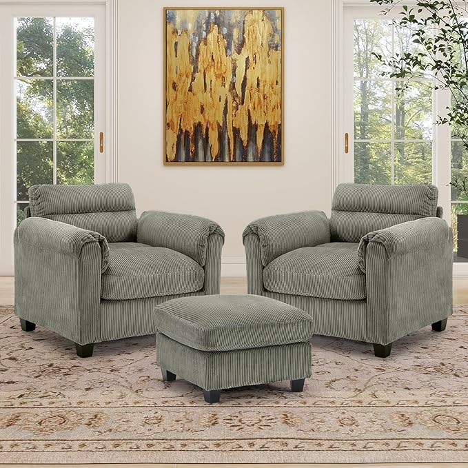 HAOMARKETS Corduroy 3-Piece Sofa Set, Upholstered Ottoman and Accent Chair Sofa by HAOMARKETS