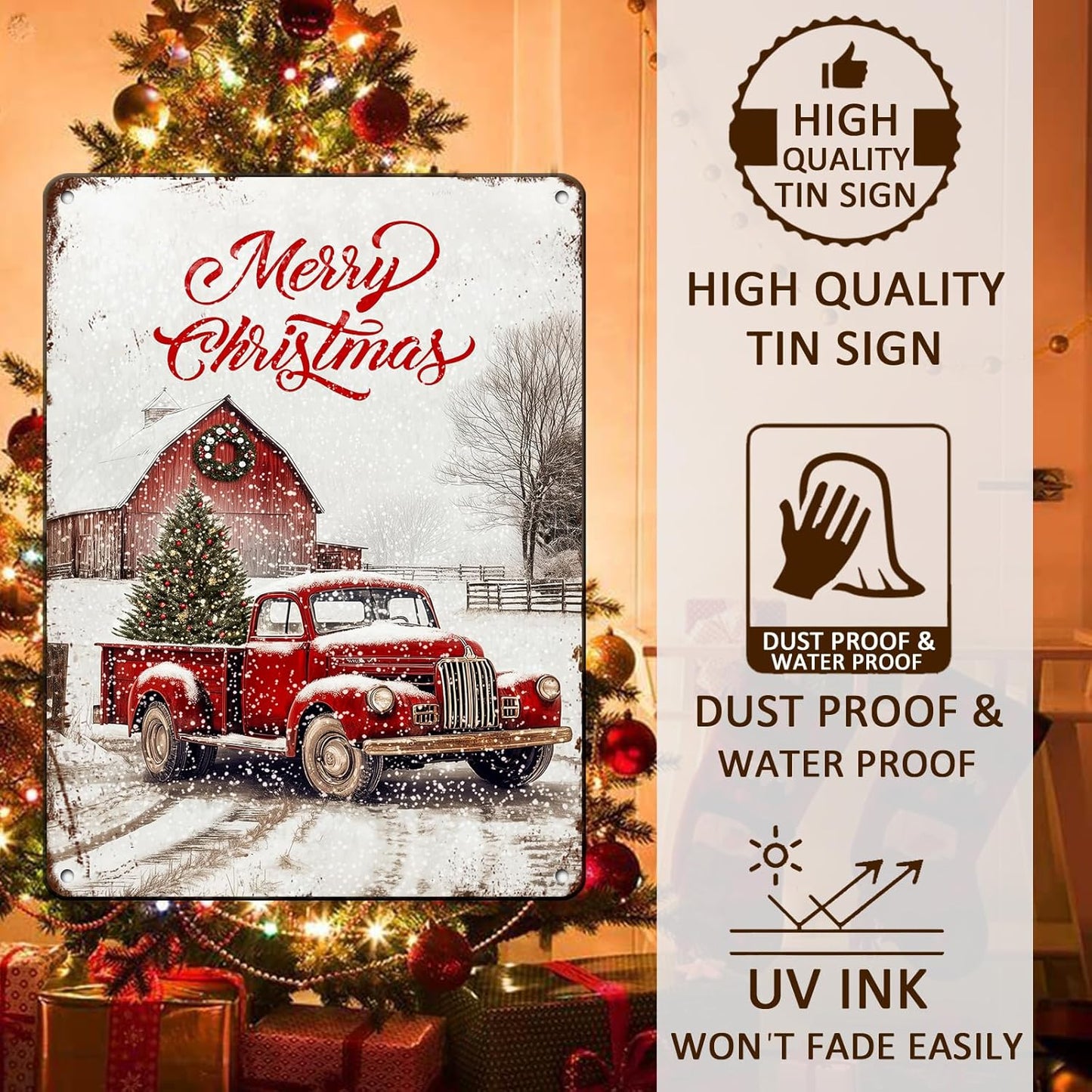 Vintage Christmas Red Truck Tin Sign Merry Christmas Truck Christmas Tree Metal Tin Sign Winter Rustic House Yard Xmas Pickup Holiday Wall Decorations Tin Sign 12x16Inch
