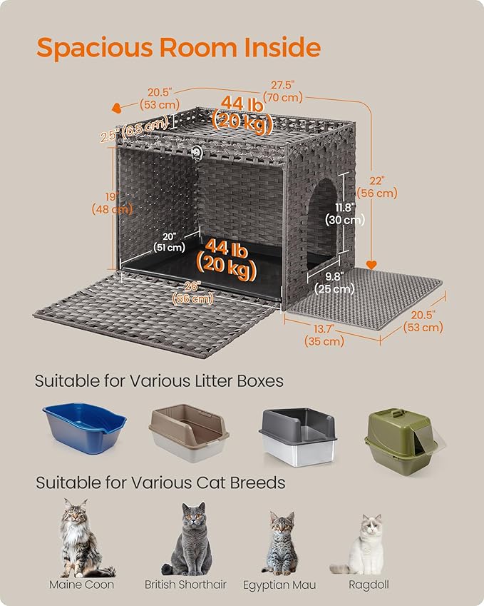 Feandrea Cat Litter Box Enclosure, Handwoven Rattan Hidden Litter Box Furniture - Image 6