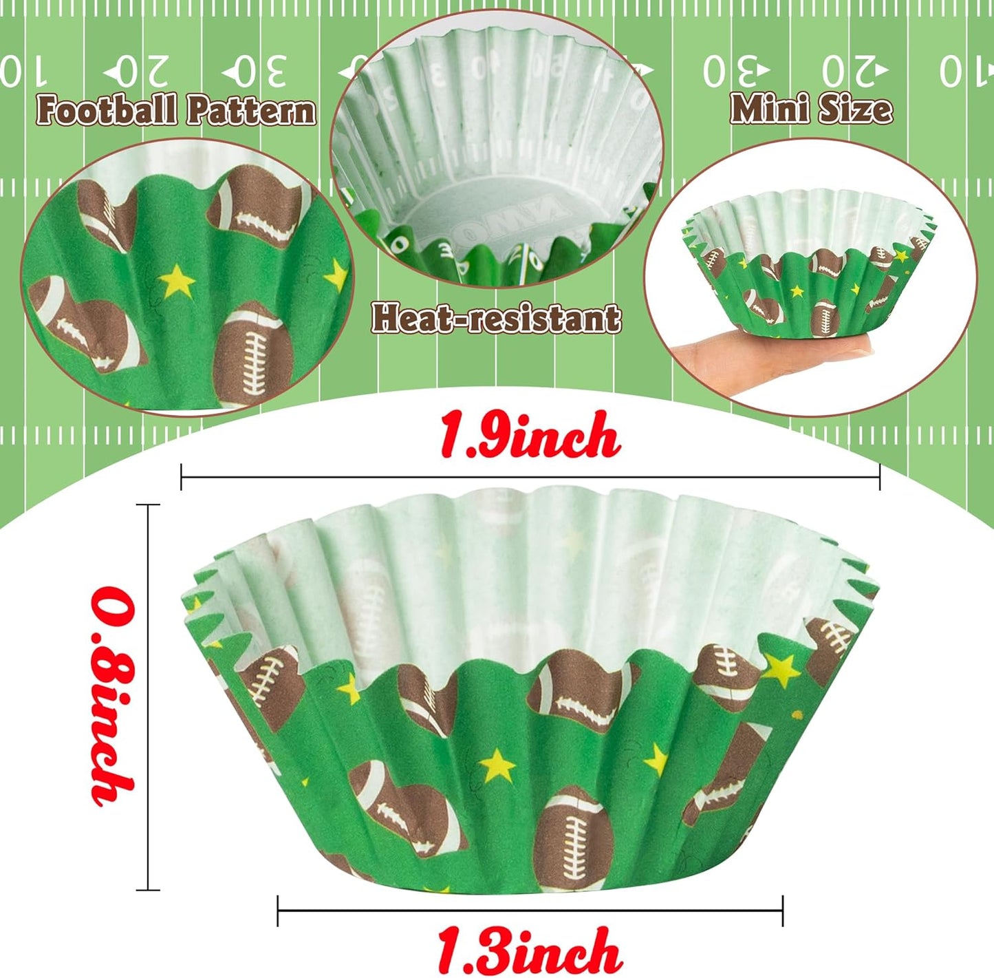 COcnny Football Mini Cupcake Liners - 600pcs Football Themed Mini Baking Cups Muffin Cupcakes Wrappers, Rugby Sport Paper Cake Wrap Making Supplies for Game Day Post-match Celebration Party (6 Styles)