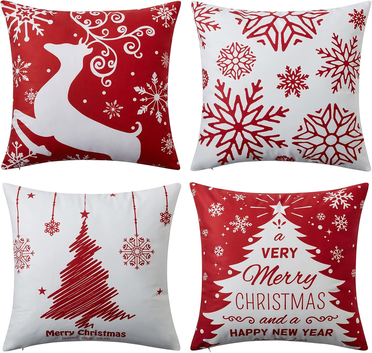 Christmas Pillow Covers 20x20 Set of 4 Farmhouse Christmas Tree Throw Pillow Case Snowflake Reindeer Decoration for Winter Holiday Decor Throw Cushion Case for Home Sofa Couch, Red and White