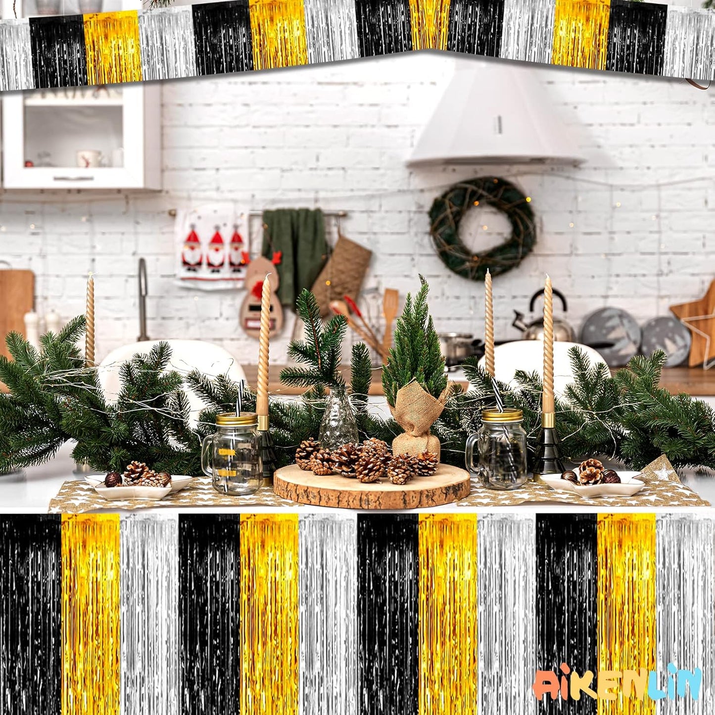 10 Pack 10 Feet Foil Fringe Garland Metallic Tinsel Streamers Banner Wall Hanging Backdrop for Parade Floats, Notorious One Birthday Roaring 20s Graduation Party Decorations(Black Gold Silver)