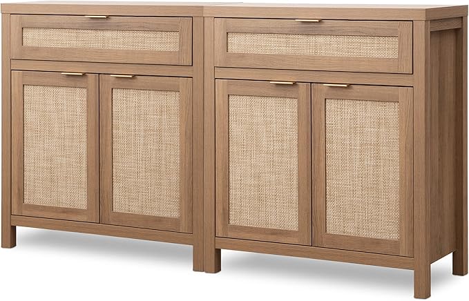 SICOTAS Sideboard Buffet Cabinet Set of 2, Rattan Credenza Storage Cabinet by SICOTAS
