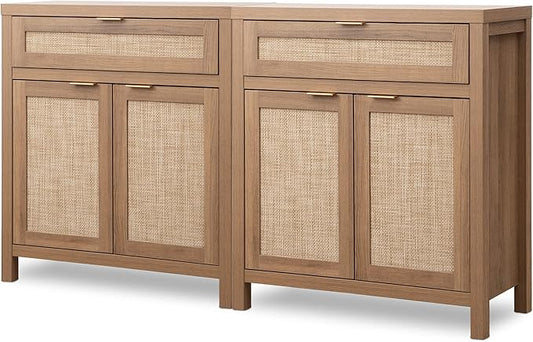 SICOTAS Sideboard Buffet Cabinet Set of 2, Rattan Credenza Storage Cabinet by SICOTAS