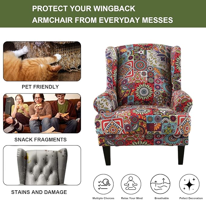 HAOYONG Wing Chair Slipcovers Elastic Boho Printed Wingback Chair Covers 2 - Image 5