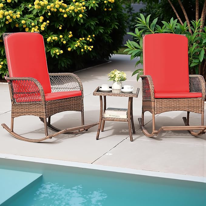 Greesum 3 Piece Outdoor Wicker Rocking Chairs Patio Furniture Set - Image 3