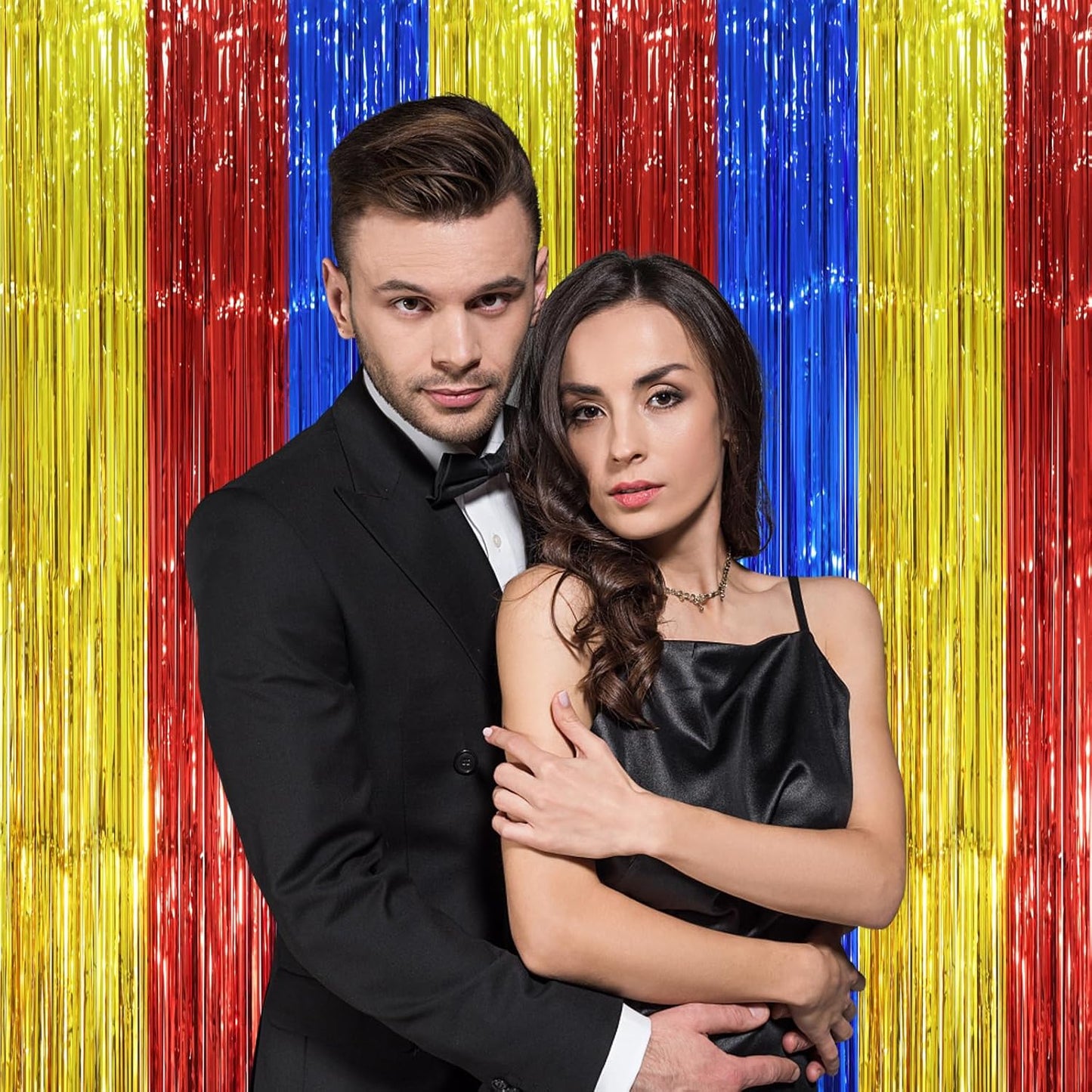 2 Pack Blue Red Gold Foil Fringe Backdrop Curtains, Tinsel Streamers Party Decorations, Fringe Backdrop, Door Shimmer for Birthday Party