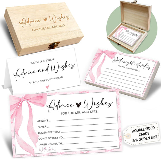 Pink Bow Advice and Wishes for the Mr and Mrs - 50 Packs Wedding Advice Cards Bridal Shower Game Cards with Box Reception Guest Book for Bride Groom Newlywed Engagement Party Decoration -A06