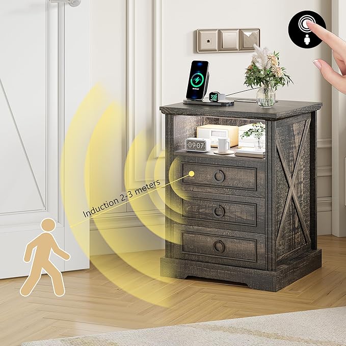 Nightstand with Charging Station, Farmhouse End Side Table with 3 Drawers and - Image 3