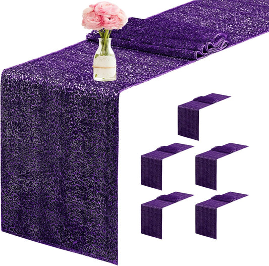 6 Packs 12 x 72 inches Sequin Table Runner, Purple Glitter Table Runner for Birthday Party Supplies Wedding Engagement Baby Shower Holiday Celebration Event Decorations