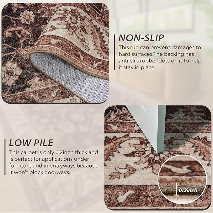 Area Rug for Living Room, 8x10 Area Rugs Washable, Retro Floral Non-Slip Carpet - Image 2