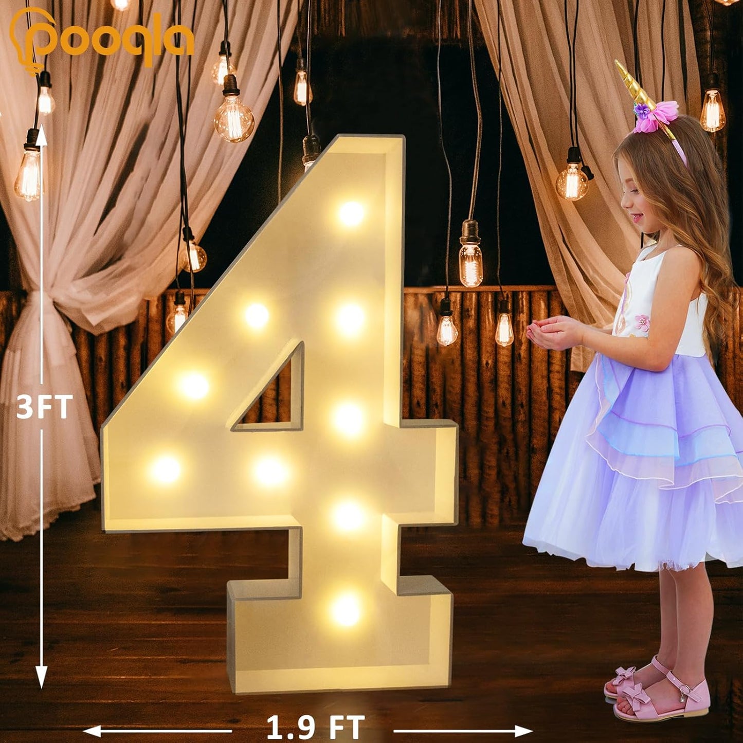 Pooqla 3FT Light Up Marquee Numbers, LED Large Lighted Marquee Numbers for Party Decoration, Giant Mosaic Number for Balloon 4th 14th 40th Birthday Decoration, Cool White and Warm White 4