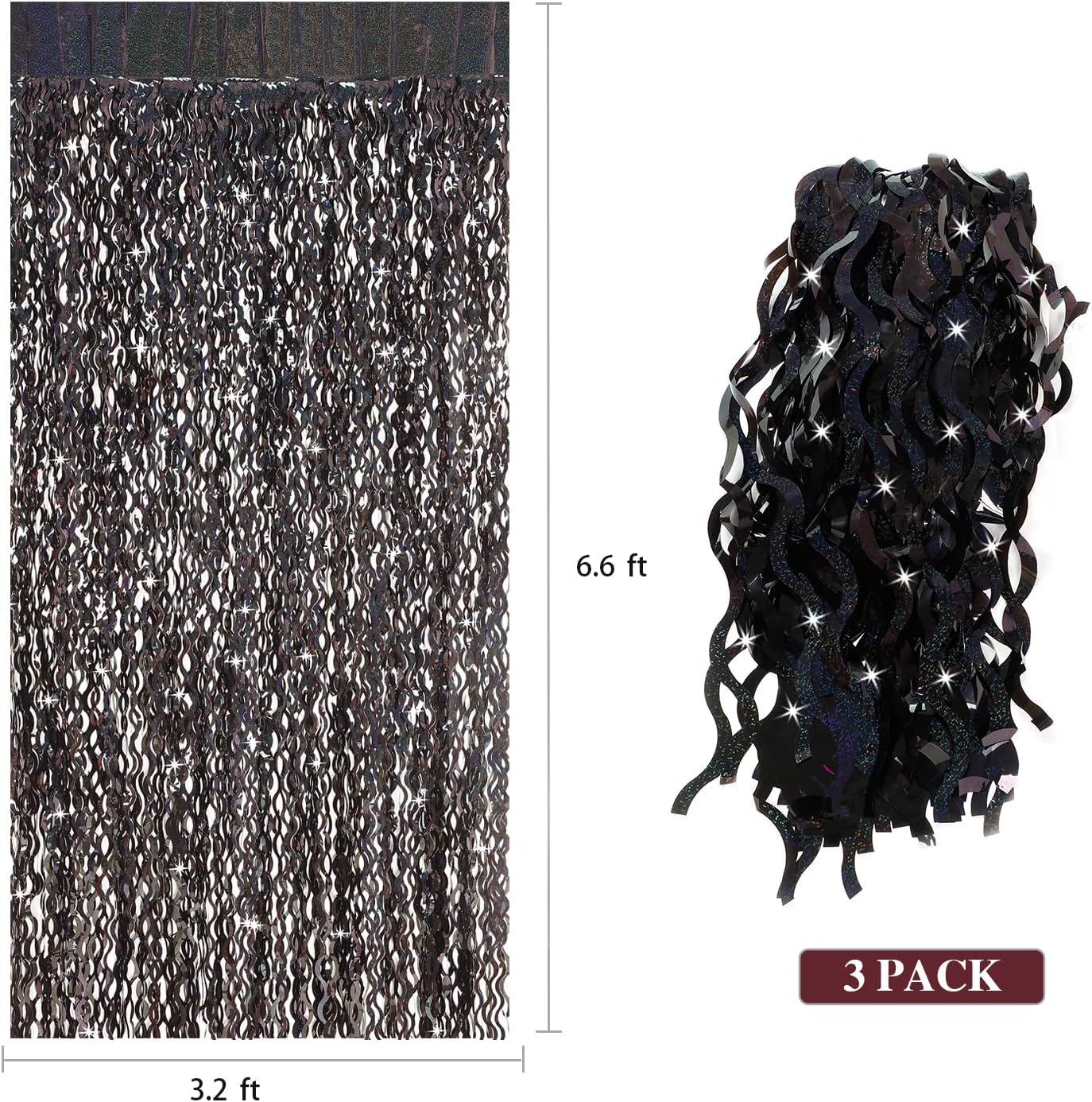Black Foil Curtain Backdrop, CYLMFC 3 Pack 3.3 ft x 6.6 ft Sparkle Metallic Foil Curtains for Photo Booth Props Decoration,Graduation,Fiesta,Halloween Party Decor