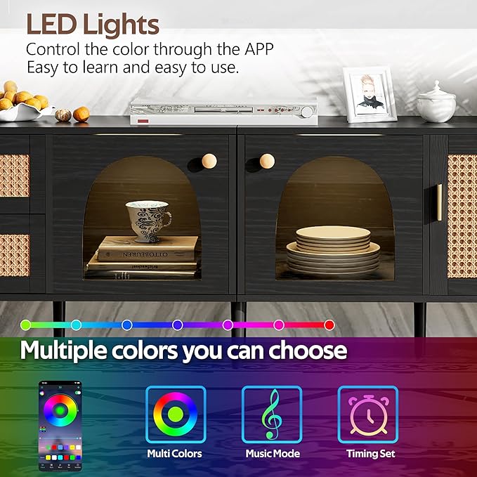 Merax Rattan TV Stand with LED Lights, Solid Wood Feet, Living Room, Bedroom - Image 5
