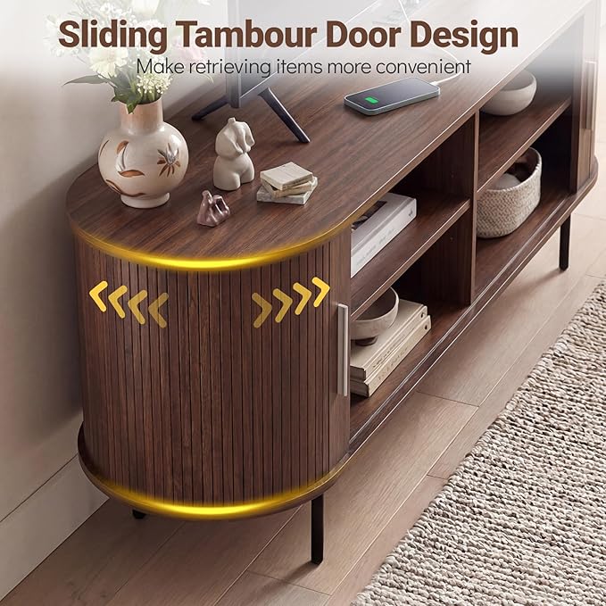 Tangkula Fluted TV Stand for TVs up to 60”, Mid Century Curved Entertainment - Image 8