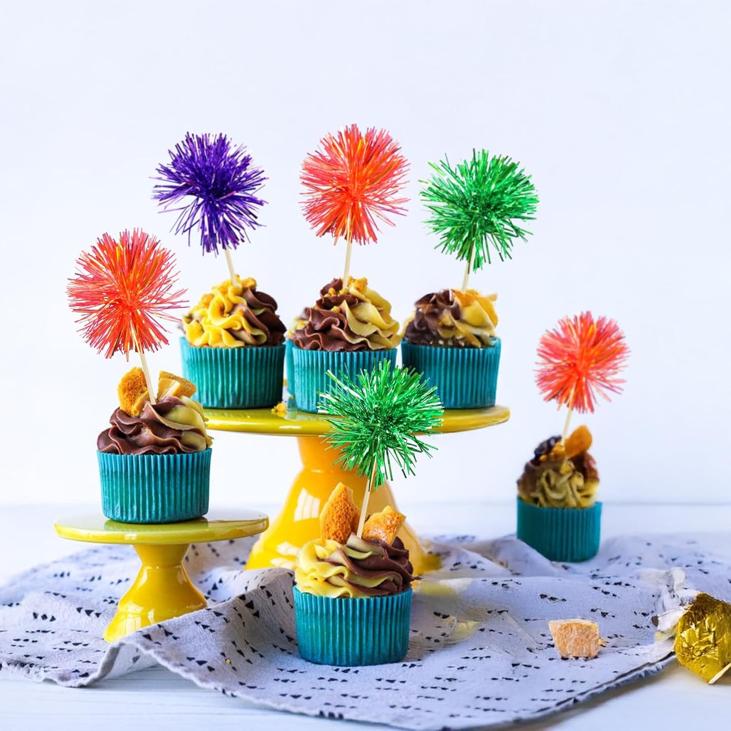 Gyufise 30Pcs Foil Firework Cupcake Toppers Sparkle Tinsel Cake Toppers Tinsel Drink Cake Decoration Cocktail Picks for Halloween Birthday Wedding Graduation Party Supplies Purple Green Orange
