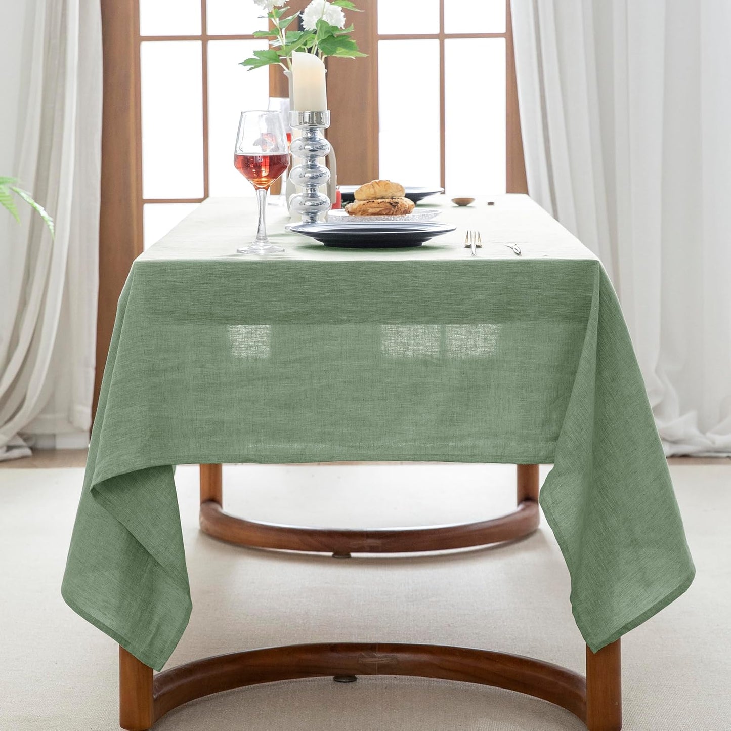 EVERLY 100% Pure Linen Rectangle Tablecloths 60x108Inches for Dining,Buffet Parties,Picnic,Events,Weddings and Restaurants,Decorative Halloween,Thanksgiving Machine Washable Tablecloths-SaGa Green