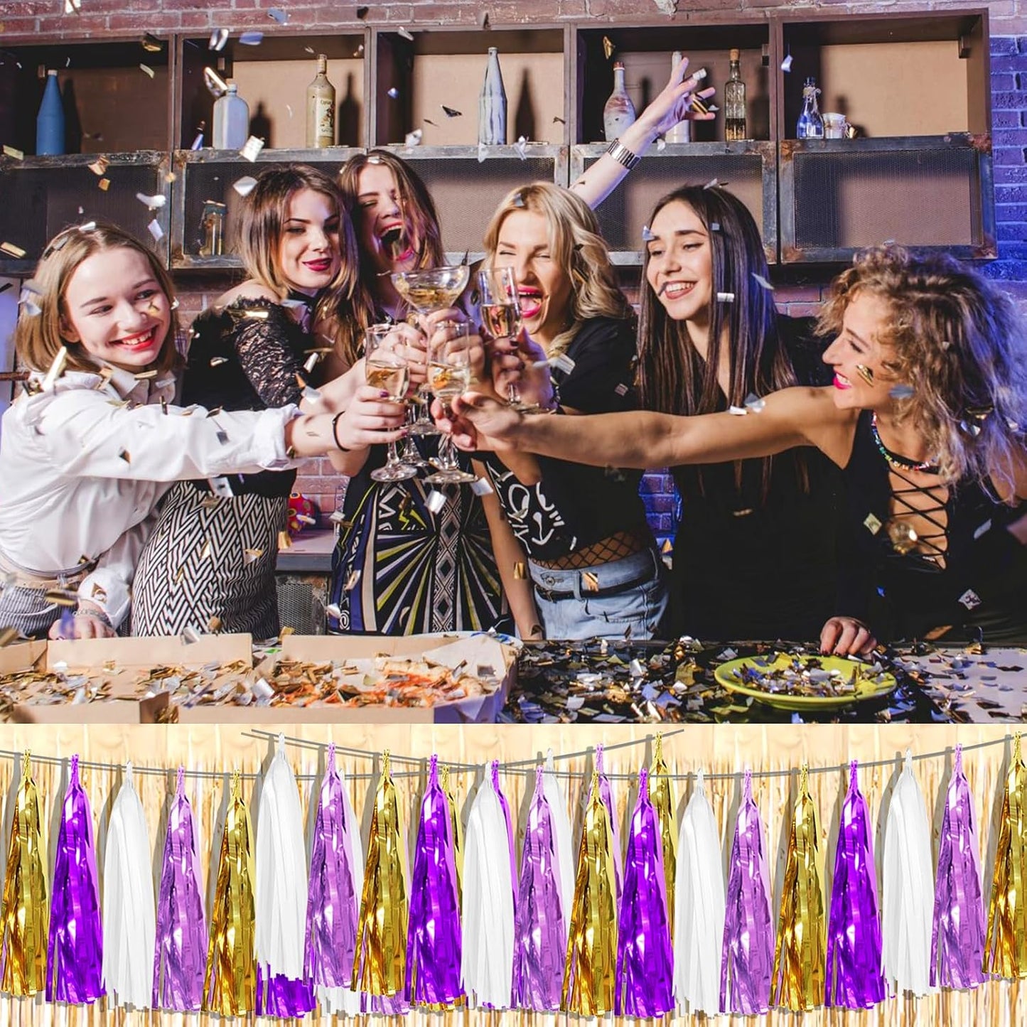 6P Purple-Gold Party Decoration Tassel Garland, Tassels Banner Streamers for Parade Floats, Bachelorette, Wedding, Birthday, Graduation, Christmas, Bridal/Baby Shower Party Decorations