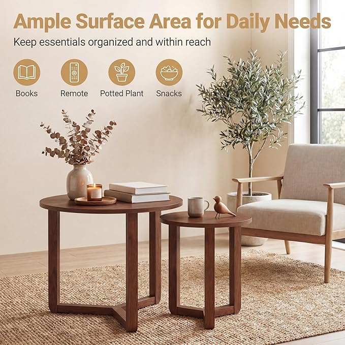 Tangkula Round Nesting Coffee Table Set of 2, Farmhouse End Tables - Image 7
