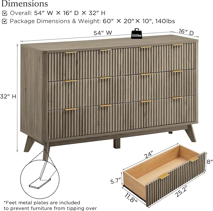 T4TREAM Fluted 6 Drawers Dresser, Curved Profile Design, Dresser TV Stand - Image 2