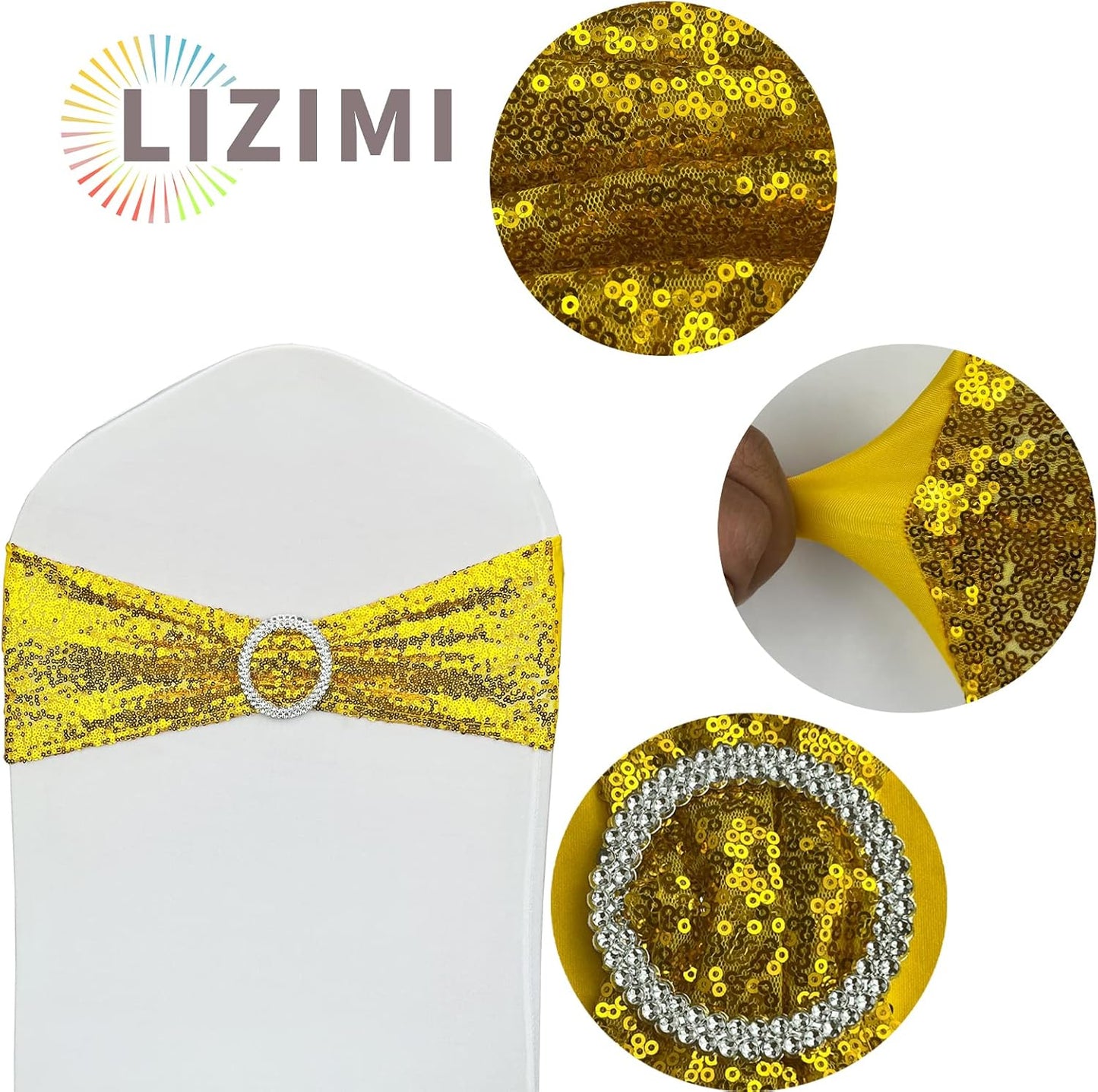 25 Pcs Sequin Chair Sashes Stretch Chair Bands Spandex Polyester Bows for Party Hotel Wedding Banquets Decoration -Gold