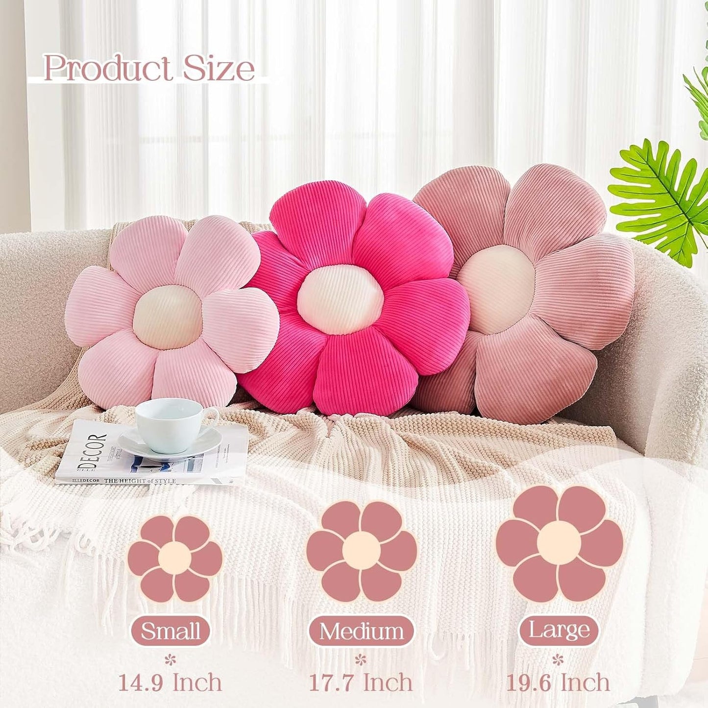 Hot Pink Flower Pillow, 14.9" Cute Flower Shaped Floor Pillow, Aesthetic Floral Plush Daisy Decorative Throw Pillows for Bed Sofa Couch