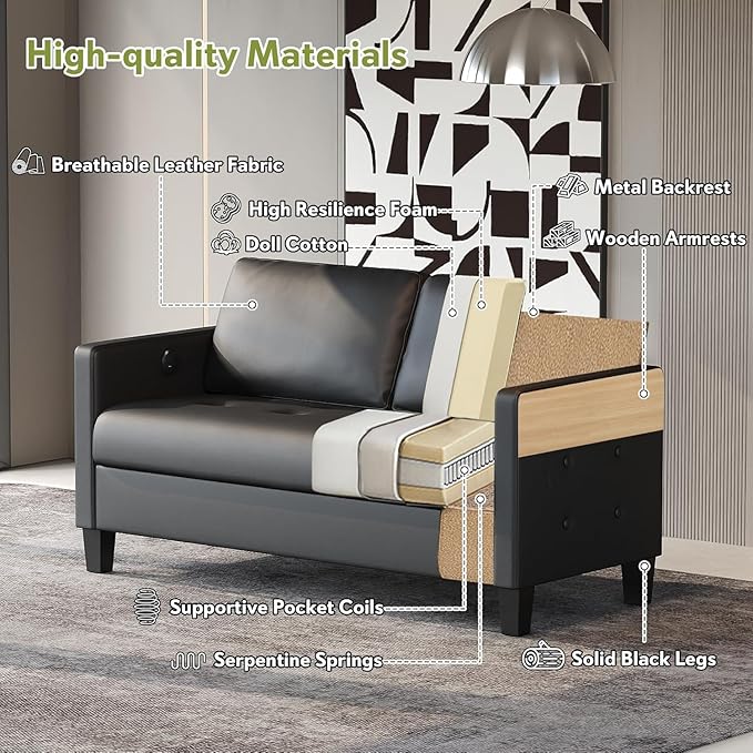 STHOUYN 59” Black Faux Leather Sofa Couch, Modern Comfy Office 2 Seater Couch - Image 3