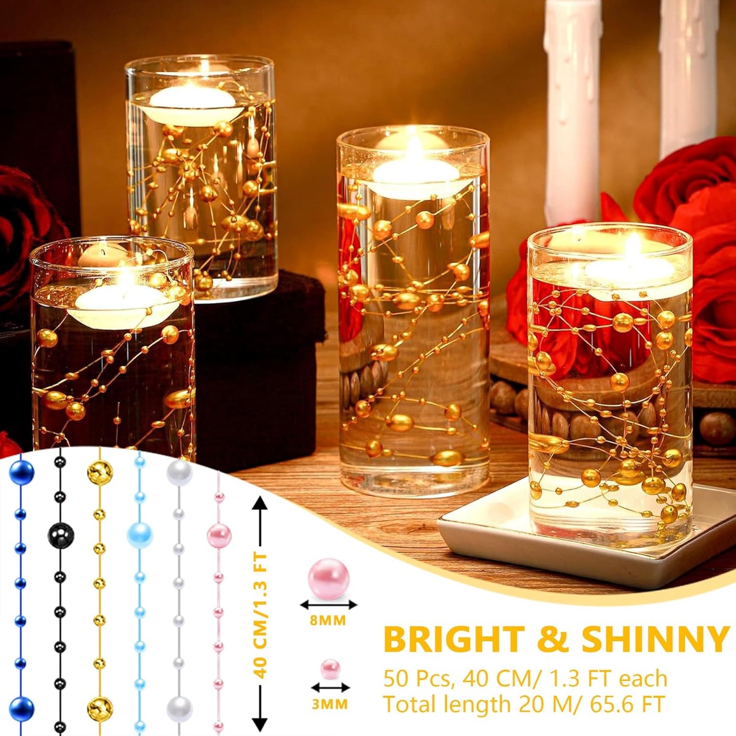 50 PCS Artificial Floating Beads for Centerpieces Vases, Clear 8+3mm String Beads for Wedding Party Faux Pearl String for Decorating, String Pearls for Crafts Vase Filler