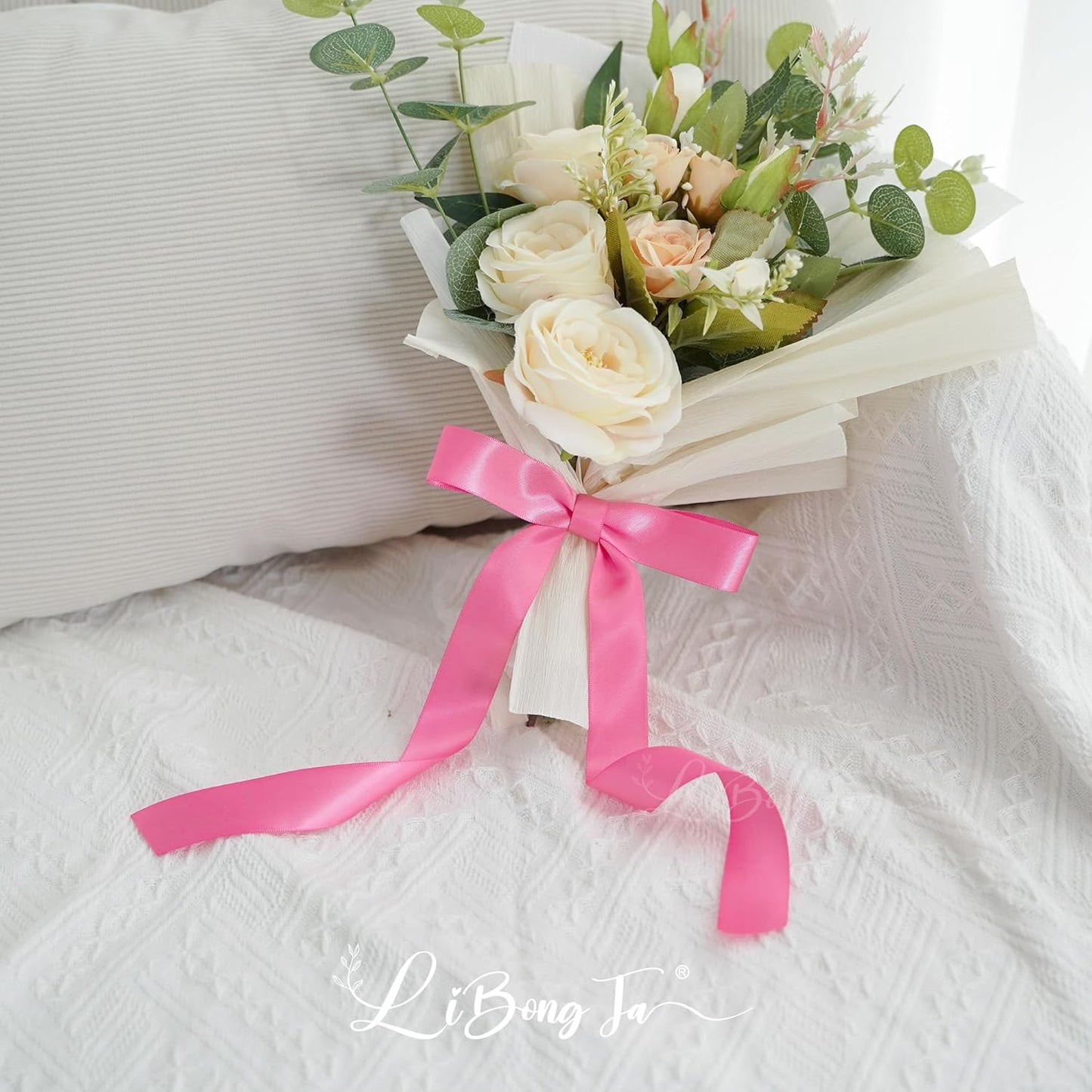 50 PCs Hot Pink Bow Decor 5.5'' Satin Bows with Long Tail, Twist Tie Bows for Craft, Packaging Ribbon Bows, Premade Bows for Cake Decorating, Gift Bows for Treat, Wedding Favor, Party