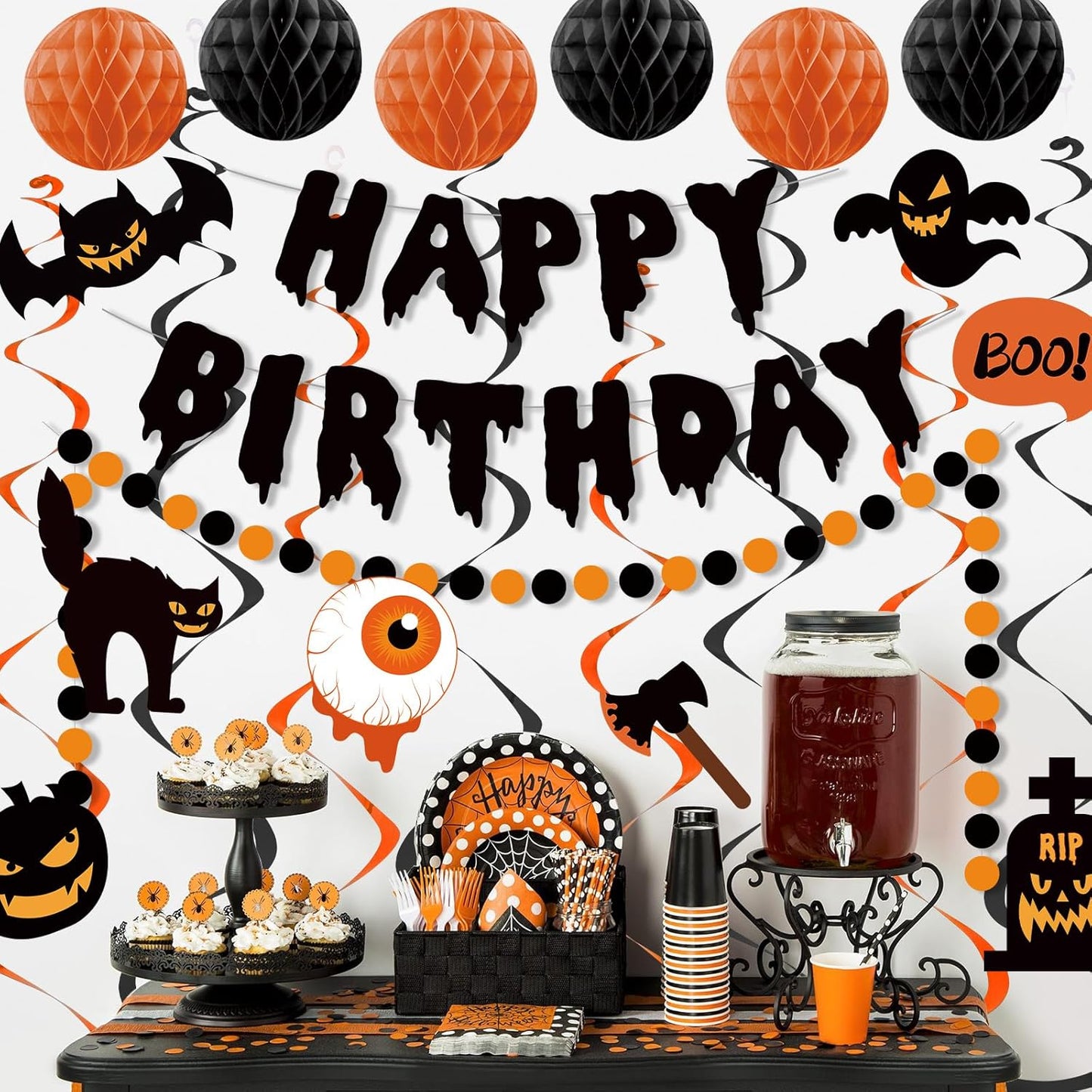 Halloween Birthday Decorations, Happy Birthday Banner for Halloween Party, Kid's Party Decorations with Honeycomb Balls, Hanging Swirl Streamers, Circle Dot Garland
