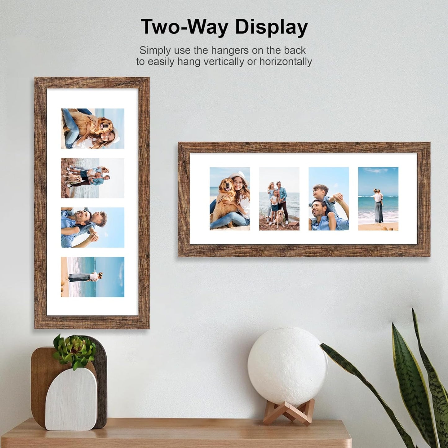 8x20 Picture Frame Set of 2, Rustic Brown Wood Frame with Tempered Glass Collage Frame, Display Pictures Four 4x6 With Mat or 8 x 20 Without Mat - Horizontal or Vertical Wall Mounting