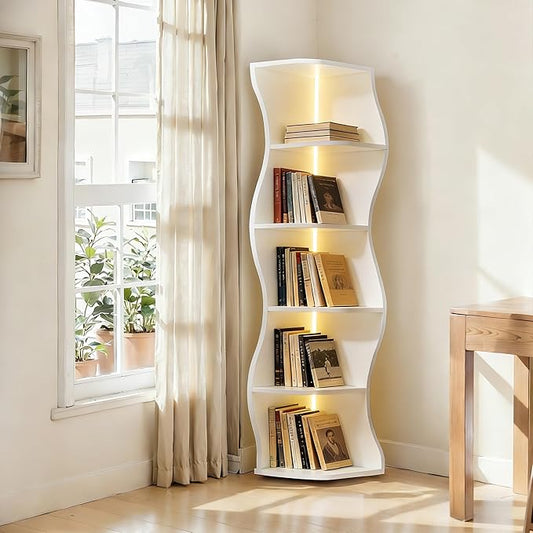 VECELO Wavy Corner Shelf with LED Light, Decorative 6-Tier Corner Display by VECELO
